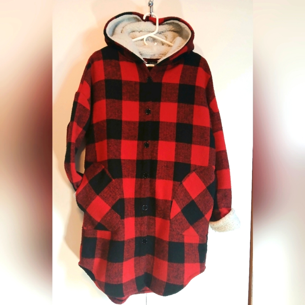 Eclipse Oversized Buffalo Plaid Wool Blend Sherpa Lined Hood & Cuffs Jacket Sm
